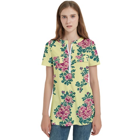 Retro 1880s Flowers Pattern 8 Women s Zip Front V-neck Short Sleeve Casual Top Pocket Shirt by violetheavensky