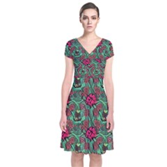 Retro 1880s Flowers Pattern 3 Short Sleeve Front Wrap Dress by violetheavensky