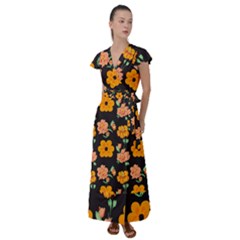 Retro 40s 50s Flowers Pattern Halloween 3 Flutter Sleeve Maxi Dress by violetheavensky