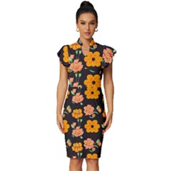 Retro 40s 50s Flowers Pattern Halloween 3 Vintage Frill Sleeve V-neck Bodycon Dress by violetheavensky