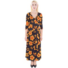 Retro 40s 50s Flowers Pattern Halloween Quarter Sleeve Wrap Maxi Dress by violetheavensky