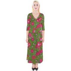 Mid Century Retro Floral 1970s 1960s Pattern 88 Quarter Sleeve Wrap Maxi Dress by violetheavensky