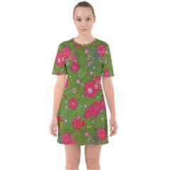 Mid Century Retro Floral 1970s 1960s Pattern 88 Sixties Short Sleeve Mini Dress by violetheavensky