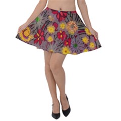 Mid Century Retro Floral 1970s 1960s Pattern 90 Velvet Skater Skirt by violetheavensky
