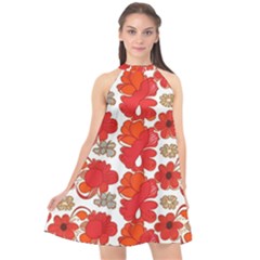 Mid Century Retro Floral 1970s 1960s Pattern 91 Halter Neckline Chiffon Dress  by violetheavensky