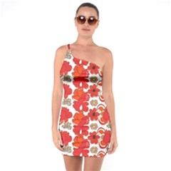 Mid Century Retro Floral 1970s 1960s Pattern 91 One Shoulder Ring Trim Bodycon Dress by violetheavensky
