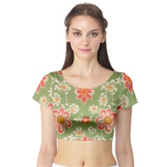 Retro 40s 50s Mexico Flowers Pattern 3 Short Sleeve Crop Top by violetheavensky