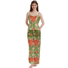 Retro 40s 50s Mexico Flowers Pattern 3 Spaghetti Top Long Pants Satin Pajamas Set by violetheavensky