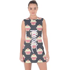 Retro 40s 50s Cupcake Pattern 4 Lace Up Front Bodycon Dress by violetheavensky
