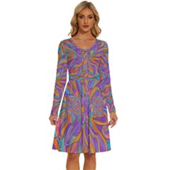 Mid Century Retro Floral 1970s 1960s Pattern 75 Long Sleeve Dress With Pocket by violetheavensky