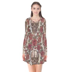 Skull And Roses Flowee Flora Floral Patterns Pattern Long Sleeve V-neck Flare Dress by Tsamara
