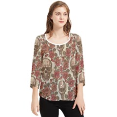 Skull And Roses Flowee Flora Floral Patterns Pattern Chiffon Quarter Sleeve Blouse by Tsamara