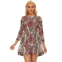 Skull And Roses Flowee Flora Floral Patterns Pattern Long Sleeve Babydoll Dress by Tsamara