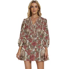 Skull And Roses Flowee Flora Floral Patterns Pattern V-neck Placket Mini Dress by Tsamara