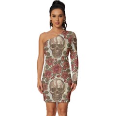 Skull And Roses Flowee Flora Floral Patterns Pattern Long Sleeve One Shoulder Mini Dress by Tsamara