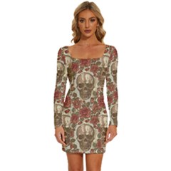 Skull And Roses Flowee Flora Floral Patterns Pattern Long Sleeve Square Neck Bodycon Velvet Dress by Tsamara