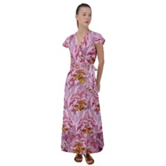 Peonies Nature Bloom Blossom Pink Flutter Sleeve Maxi Dress by Tsamara