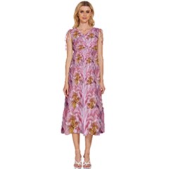 Peonies Nature Bloom Blossom Pink V-neck Drawstring Shoulder Sleeveless Maxi Dress by Tsamara