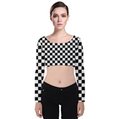 Pattern Checkered Squares Black White Pattern Velvet Long Sleeve Crop Top by Sabxi