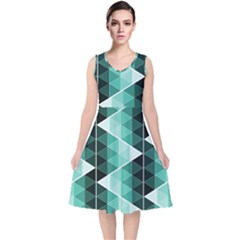 Triangles Pyramid Geometric Pattern V-neck Midi Sleeveless Dress  by Sabxi