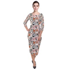 Foxs Quarter Sleeve Midi Velour Bodycon Dress by DinkovaArt
