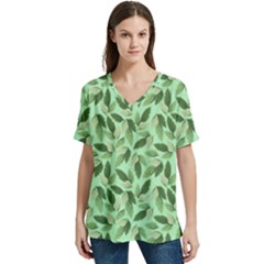 Leaves Pattern Texture Seamless V-neck Split Shoulder Casual T-shirt by Hannah976
