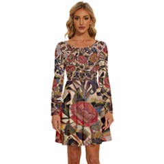 Abstract Flowers Long Sleeve Wide Neck Velvet Dress by DinkovaArt