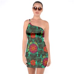 Mid Century Retro Floral 1970s 1960s Pattern 72 One Shoulder Ring Trim Bodycon Dress by violetheavensky