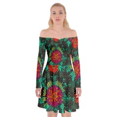 Mid Century Retro Floral 1970s 1960s Pattern 72 Off Shoulder Skater Dress by violetheavensky