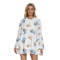 Bluey Pattern Round Neck Long Sleeve Bohemian Style Chiffon Mini Dress by avitendut