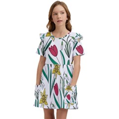 Flowers Bloom Pattern Spring Kids  Frilly Sleeves Pocket Dress by Tsamara