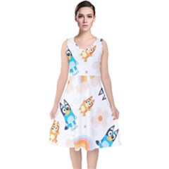 Bluey, Bluey Merch, Bluey Pattern, Bluey Bluey, Bingo, Bluey Design, Bluey Dog V-neck Midi Sleeveless Dress  by avitendut