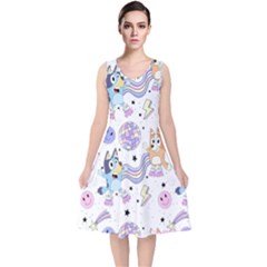 Bluey, Bluey Merch, Bluey Pattern, Bluey Bluey, Bingo, Bluey Design, Bluey Dog V-neck Midi Sleeveless Dress  by avitendut