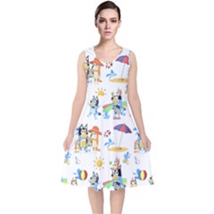 Bluey, Bluey Merch, Bluey Pattern, Bluey Bluey, Bingo, Bluey Design, Bluey Dog V-neck Midi Sleeveless Dress  by avitendut