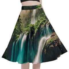 Waterfall Rocks Jungle Forest A-line Full Circle Midi Skirt With Pocket by Anend