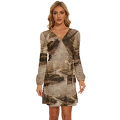 Path Trees Forest Fantasy Long Sleeve Waist Tie Ruffle Velvet Dress by Anend