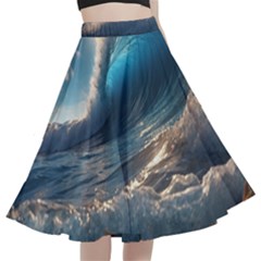 Ocean Sea Waves A-line Full Circle Midi Skirt With Pocket by Anend