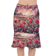Roses Flower Field Sunset Nature Short Mermaid Skirt by Anend