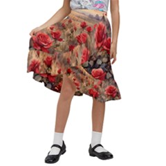 Roses Flower Field Sunset Nature Kids  Ruffle Flared Wrap Midi Skirt by Anend
