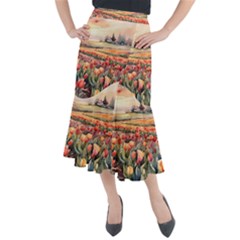 Tulips Field Tree Midi Mermaid Skirt by Anend