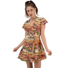 Tulips Field Tree Flutter Sleeve Wrap Dress by Anend