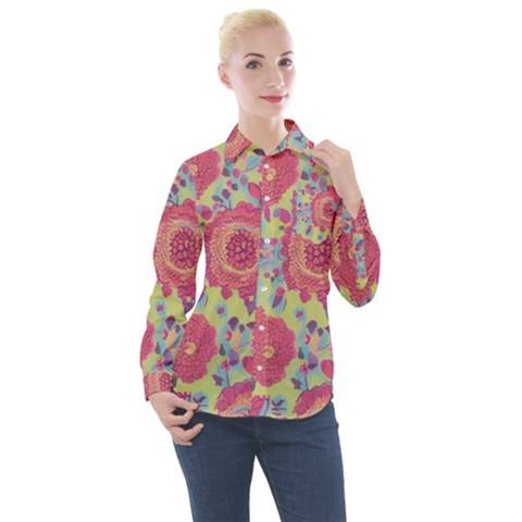 Mid Century Retro Floral 1970s 1960s Pattern 82 Women s Long Sleeve Pocket Shirt by violetheavensky
