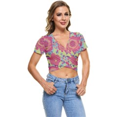 Mid Century Retro Floral 1970s 1960s Pattern 82 Short Sleeve Foldover T-shirt by violetheavensky