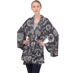 Mid Century Retro Floral 1970s 1960s Pattern 71 Long Sleeve Velvet Kimono  by violetheavensky