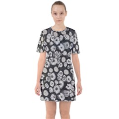 Mid Century Retro Floral 1970s 1960s Pattern 86 Sixties Short Sleeve Mini Dress by violetheavensky
