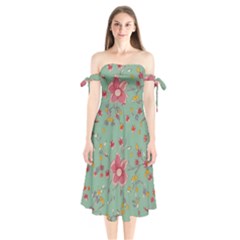 Mid Century Retro Floral 1970s 1960s Pattern 79 Shoulder Tie Bardot Midi Dress by violetheavensky