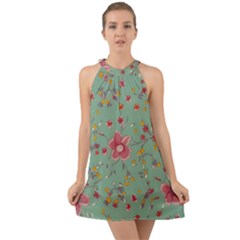 Mid Century Retro Floral 1970s 1960s Pattern 79 Halter Tie Back Chiffon Dress by violetheavensky