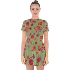 Mid Century Retro Floral 1970s 1960s Pattern 76 Drop Hem Mini Chiffon Dress by violetheavensky