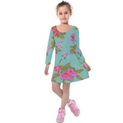 Mid Century Retro Floral 1970s 1960s Pattern 81 Kids  Long Sleeve Velvet Dress by violetheavensky