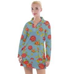 Mid Century Retro Floral 1970s 1960s Pattern 78 Women s Long Sleeve Casual Dress by violetheavensky